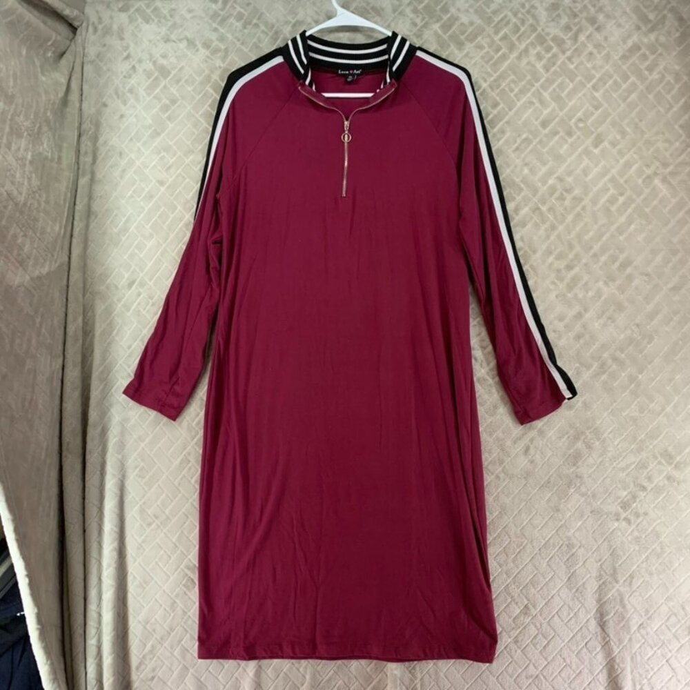 Love Ari Shirt Dress Womens 2 Maroon Red Long Sleeve Midi Zip Mock Neck